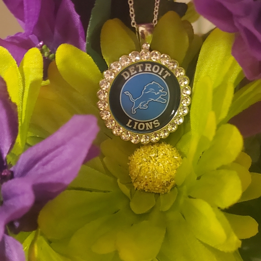 Detroit Lions 925 Silver Rhinestones  Necklace great gift gift box wrap
